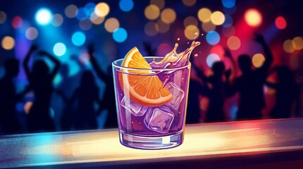 Purple cocktail with orange slice and splash on bar counter. Nightclub party celebration with blurred dancing people. Beverage for club menu.