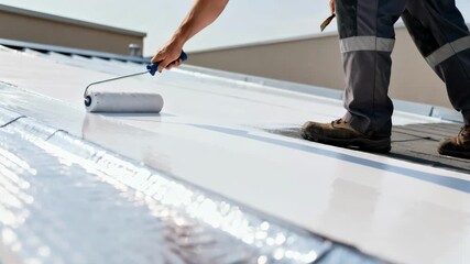 Medium shot of professional detailing white reflective roof layer with roller emphasizing ecofriendly heat management and temperature control benefits.