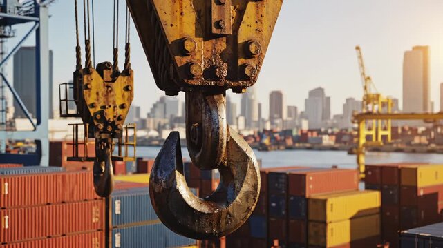 Industrial crane hook at shipping port