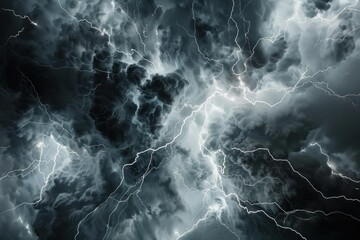 Dramatic sky with lightning striking through dark storm clouds, creating an intense and powerful atmosphere