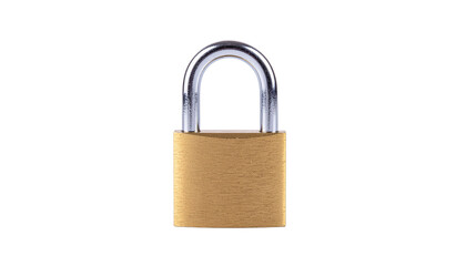 Fototapeta premium Golden colored padlock with a silver shackle is centrally located in the frame on a white background alpha channel with white background