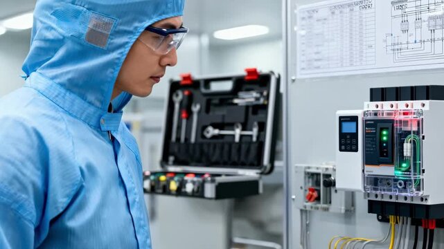 Medium shot of a specialist installing circuit breaker upgrades in a facilitys power distribution board highlighting innovation in electrical systems.