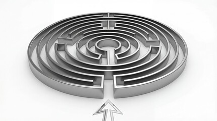 Silver circular labyrinth with an arrow pointing into the entrance. Business challenge and solution concept, representing problem solving strategy.