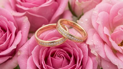 Pair of gold wedding rings with diamonds on fresh pink rose petals. Marriage concept with elegant jewelry for proposal or anniversary celebration.