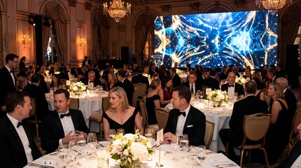 Guests in formal wear sit at tables in a grand ballroom with a large LED screen display. Corporate event networking and social gathering.
