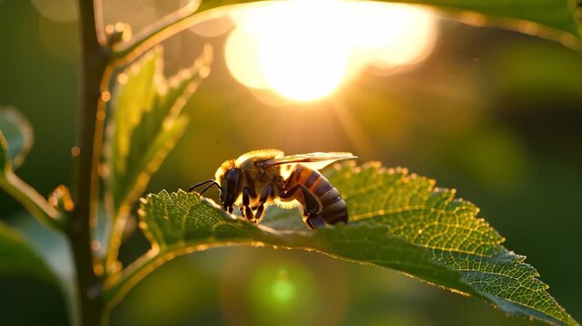 A bee is perched on a green leaf, with the sun setting softly in the background. The buzzing bee collects nectar, showcasing its important role in the natural ecosystem.