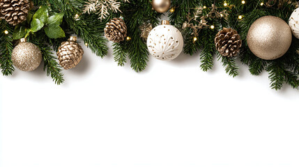 Festive arrangement featuring gold ornaments, pine cones, and evergreen branches on a white background, creating a Christmas border.