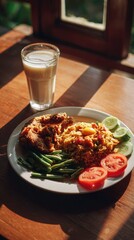 Healthy meal with drink on a wooden table. Sunlight and freshness.