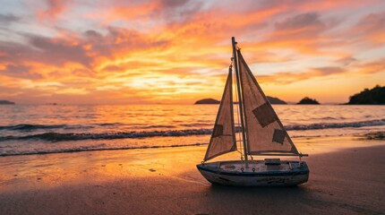 Small toy sailboat sitting on a sandy beach during a beautiful orange sunset. Ocean scene with waves and islands. Travel dream concept.