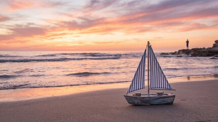 Toy boat on sandy beach with calm ocean waves and a beautiful sunset sky, travel and holiday concept.