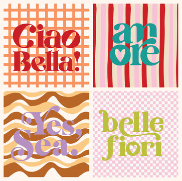 Retro lines with Summer slogan 90`s vintage  poster amore ciao bella belle fiori yes sea wave 