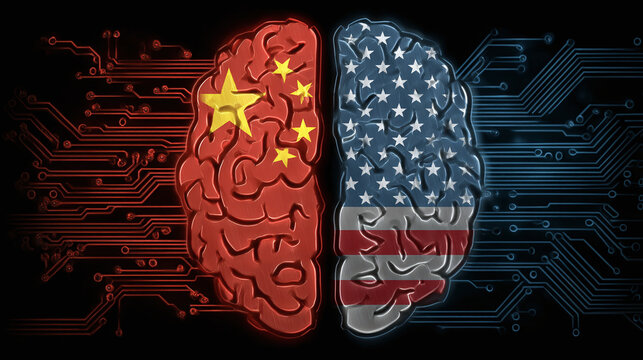 A digitally enhanced image juxtaposes brains marked with the flags of China and the United States, set against a digital circuit background. - Powered by Adobe