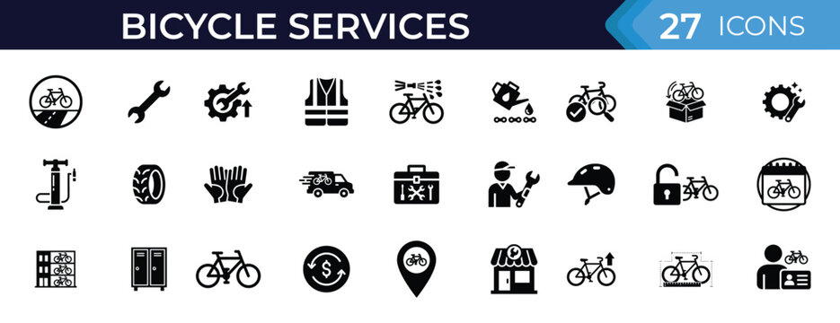 Bicycle services solid icon set. Set includes bike repair, maintenance, rental, delivery, safety equipment and cycling service symbols