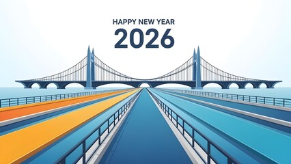 Obraz premium Happy New Year 2026 Bridge Perspective - Highway Journey, Future Path Concept, Architectural Illustration, Road to Success & Transport Theme