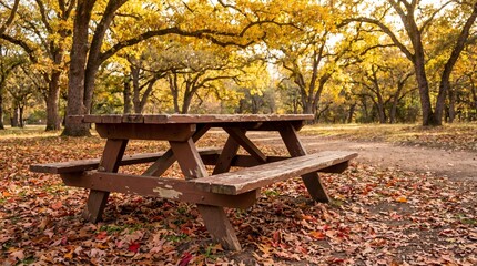 Wooden picnic table in a park surrounded by golden yellow autumn leaves. Seasonal foliage scenery for Thanksgiving vacation. Fall season outdoor concept.