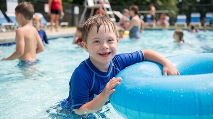 Happy boy with down syndrome swimming in a pool with an inflatable ring. Special needs child enjoying summer vacation and water therapy.