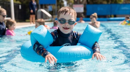 Young boy with down syndrome enjoying a swimming lesson. Little kid learning to swim with flotation device. Child health, therapy.