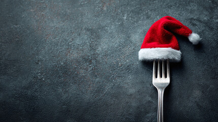 Festive fork with a Santa hat placed on it is set on a textured dark surface. The image evokes a sense of joy and holiday anticipation.
