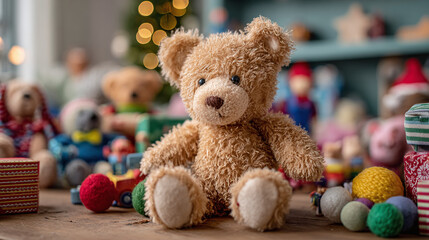 A cozy scene featuring a cuddly teddy bear surrounded by a variety of toys and gifts, creating a warm, nostalgic ambiance.