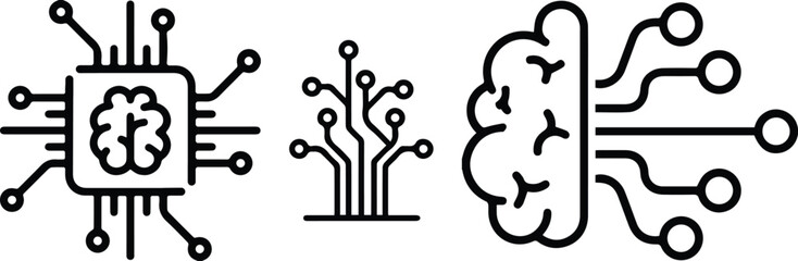 Fototapeta premium Artificial Intelligence Brain and Circuit Line Icons.