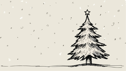 Minimal christmas tree on white snowy ground vector sketch landscape