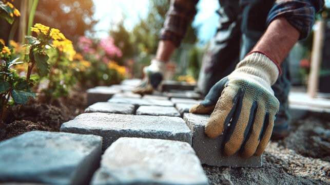 Man laying paving stones to create a garden path, using gloves. Close up of hands and stones, flowers, greenery and soil in the background.