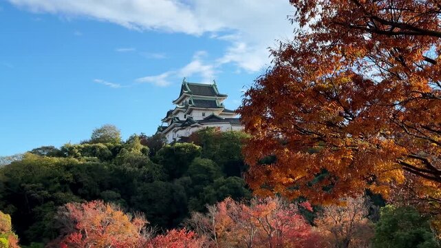 Japanese castle rising above colorful autumn trees