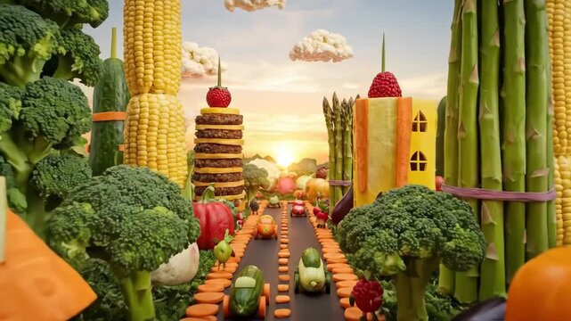 Vegetable cityscape with corn, asparagus, broccoli and pumpkin buildings, radish and cucumber cars on a carrot road beneath a colorful sunset sky, whimsical healthy urban scene