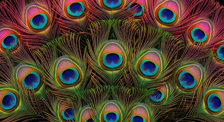 Obraz premium Vibrant peacock feathers with colorful patterns on dark background