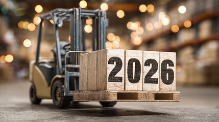 Forklift carries '2026' blocks on a pallet, representing the upcoming year. The blurred warehouse backdrop adds a sense of activity and industry.