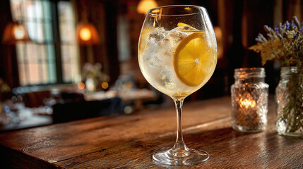Indulge in the refreshing allure of a cocktail. Zesty citrus meets crisp ice in a sophisticated glass on a rustic wooden bar setting.