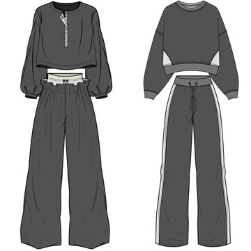 vector oversize woman tracksuit technical CAD drawing with zipper hoodie and relaxed pants. Fashion flat sketch for sportswear design. contrast details.