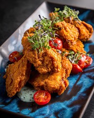 Gourmet fried chicken served on modern ceramic plate with cherry tomatoes and microgreens, restaurant style food photography
