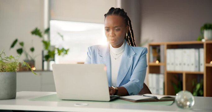 Media agency, laptop and black woman in workplace, internet and publishing with website info. African person, planning or employee in office, pc and submission with article proposal or online reading