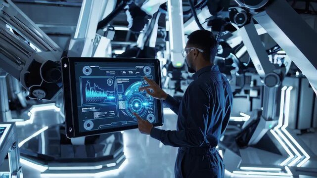 engineer controlling robotic arms in a futuristic factory using a digital tablet, smart control system dashboard,automation and robotics, modern manufacturing