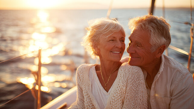 A happy mature couple sails into the sunset, enjoying their golden years on the open water. Cherishing moments and creating lasting memories.