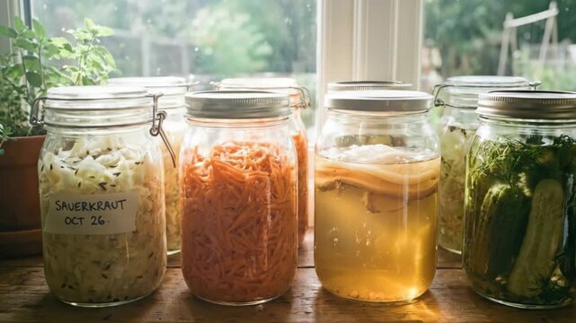 Various homemade fermented foods and fresh herbs are sitting in jars on a rustic wooden windowsill, illustrating healthy living and traditional food preservation methods