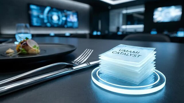 Fine dining experience in a sleek, dark futuristic restaurant, featuring a plated gourmet dish with molecular gastronomy elements, and packets of umami catalyst for enhanced flavor