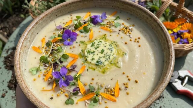 Hand holding a bowl of creamy soup, beautifully garnished with vibrant edible flowers, microgreens, and bee pollen, with garden herbs and fresh blossoms in woven baskets on a table
