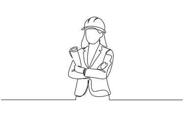 Single continuous line drawing of young female architect holding blueprint paper pose cross arms. Minimalism concept one line draw vector 