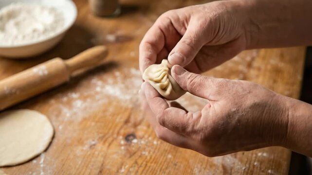 Hands forming raw dough into a traditional dumpling, preparing homemade food on a flour-dusted wooden surface with a rolling pin and an ingredient bowl