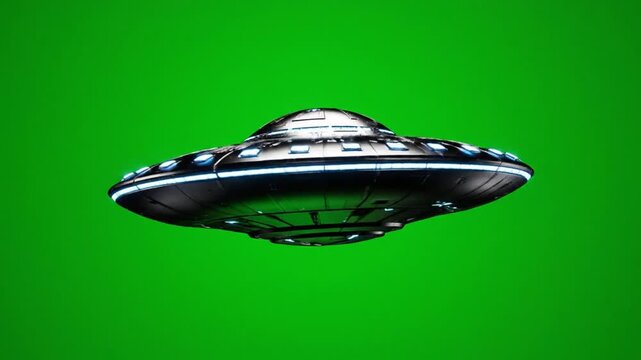 Futuristic Flying Saucer Spaceship Hovering On Green Screen Background For Sci Fi Visual Effects