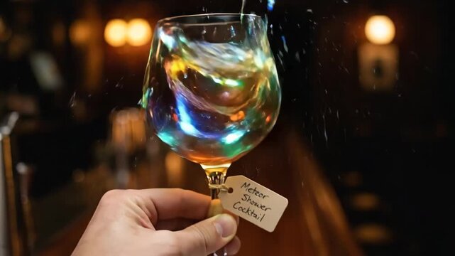 Hand holding a meteor shower cocktail in a snifter glass, featuring colorful glowing ice spheres and a liquid trail, creating a festive, unique, and celebratory drink experience at a bar