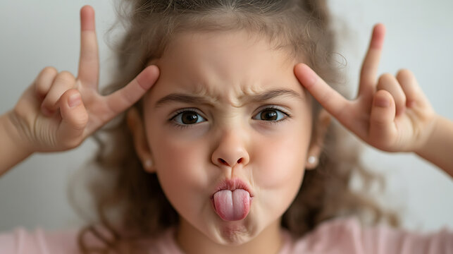 A young girl with curly hair, making silly faces and sticking out her tongue. Her playful gesture and expressive face capture childhood fun. She is playful and full of energy.