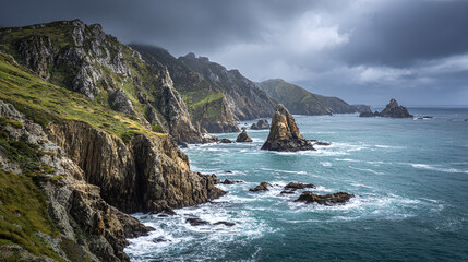 Dramatic coastal landscape with rugged cliffs and sea stacks under a moody sky. The waves crash against the rocks. Serene yet powerful seascape.