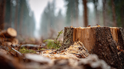 A tree stump in a forest clearing shows the raw texture and recent cut, highlighting forest management and the cycle of woodland growth.