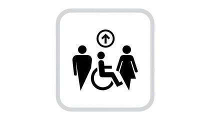 Fototapeta premium A minimalist black and white illustration of an elevator symbol, featuring a man, a woman, and a person in a wheelchair, accompanied by an upward-pointing arrow indicating elevator access.