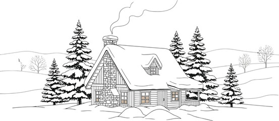 Obraz premium Cozy winter cabin nestled in a snowy landscape with smoke gently rising from the stone chimney illustrates peaceful retreat