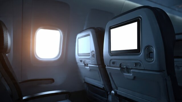 Airplane window seat view with bright sunflare and two blank in-flight entertainment screens (IFE) for mockup use. Dark, empty cabin interior during air travel.