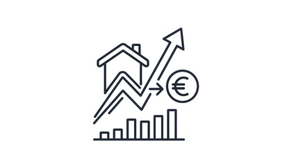 A simple line drawing illustration representing growth in the real estate market. The graphic features a house outline connected to an increasing graph, an arrow going upwards, and a euro currency 